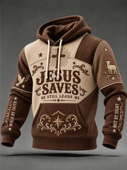 Men's Jesus Saves He Still Leads Me Color-Block Print Checkered Cotton Hoodie