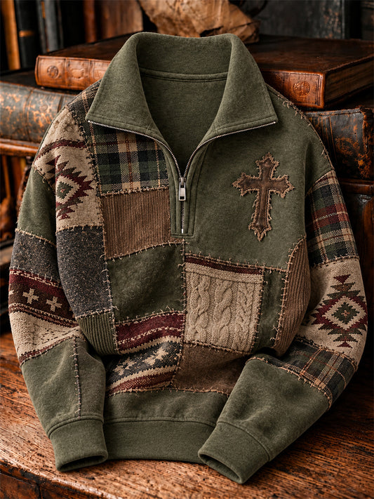 Men's Vintage Cross Western Colorblock Print Cozy Zip-Up Sweatshirt