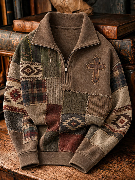 Men's Vintage Cross Western Aztec & Plaid Colorblock Print Cozy Zip-Up Sweatshirt