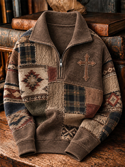 Men's Vintage Cross Western Aztec & Plaid Colorblock Print Cozy Zip-Up Sweatshirt