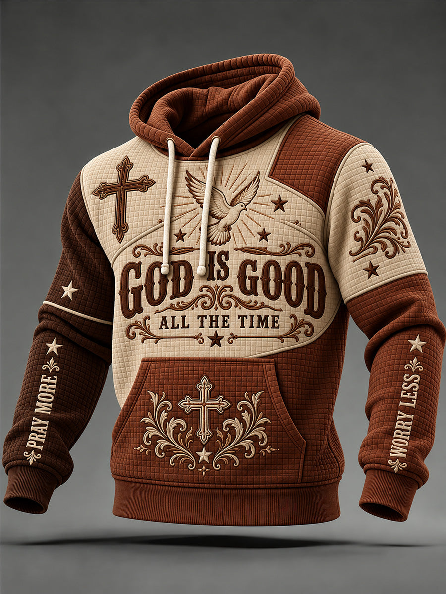 Men's God Is Good Color-Block Print Checkered Cotton Hoodie