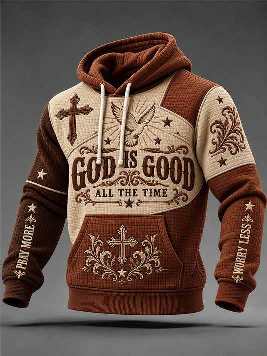 Men's God Is Good Color-Block Print Checkered Cotton Hoodie