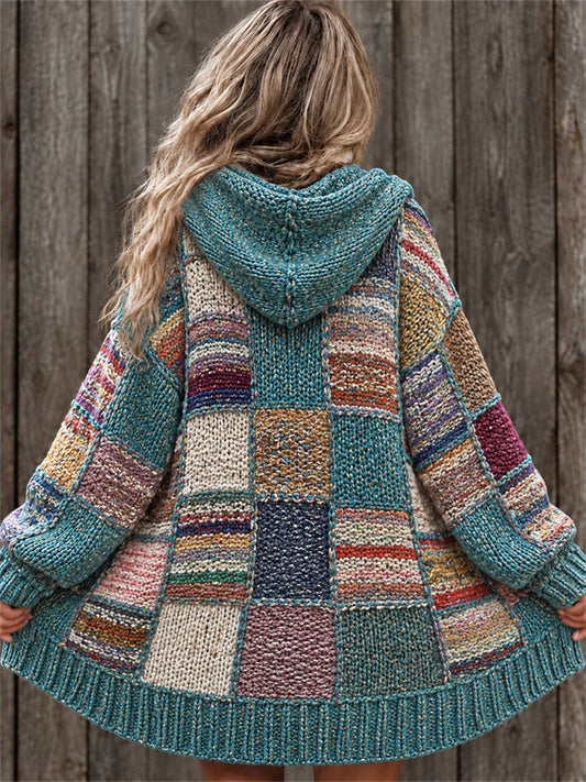 Women's Vintage Boho Colorful Striped Colorblock Print Composite Fleece Long Coat