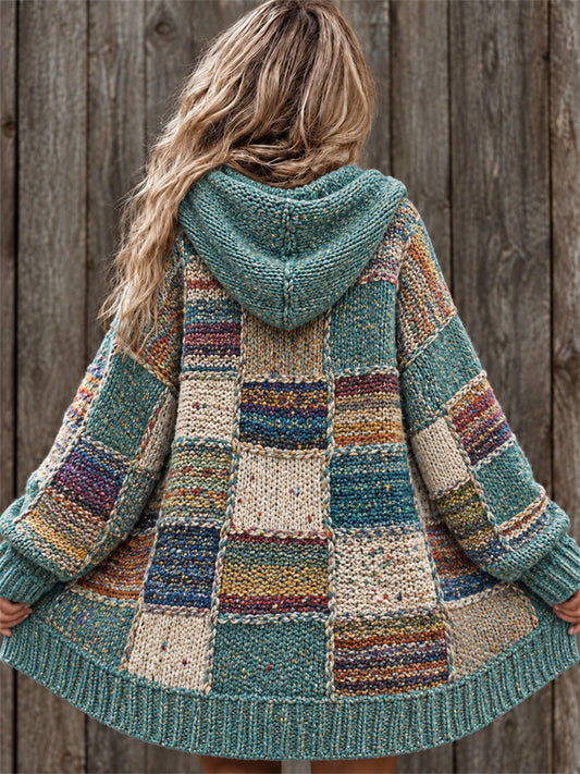 Women's Vintage Boho Colorful Striped Colorblock Print Composite Fleece Long Coat