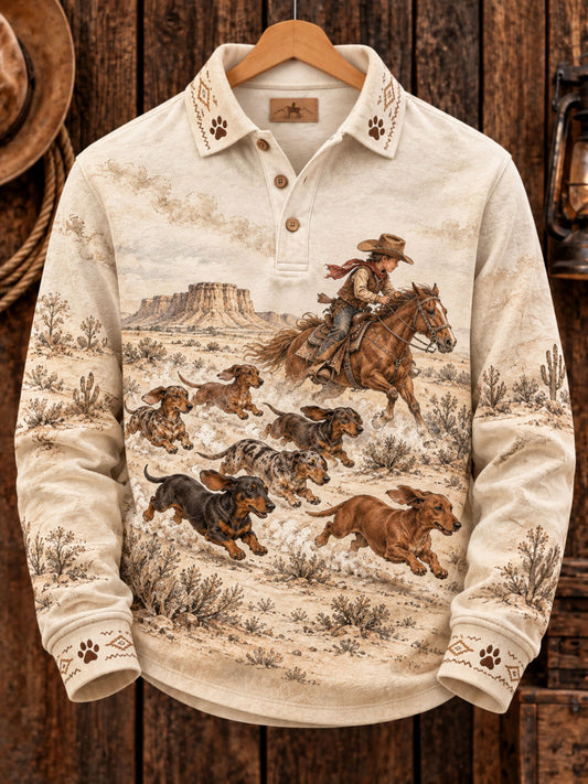 Men's Western Dachshund Printed long sleeve polo