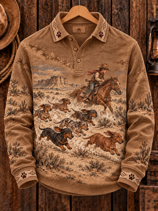Men's Western Dachshund Printed long sleeve polo