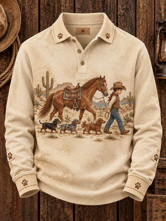 Men's Western Dachshund Printed long sleeve polo