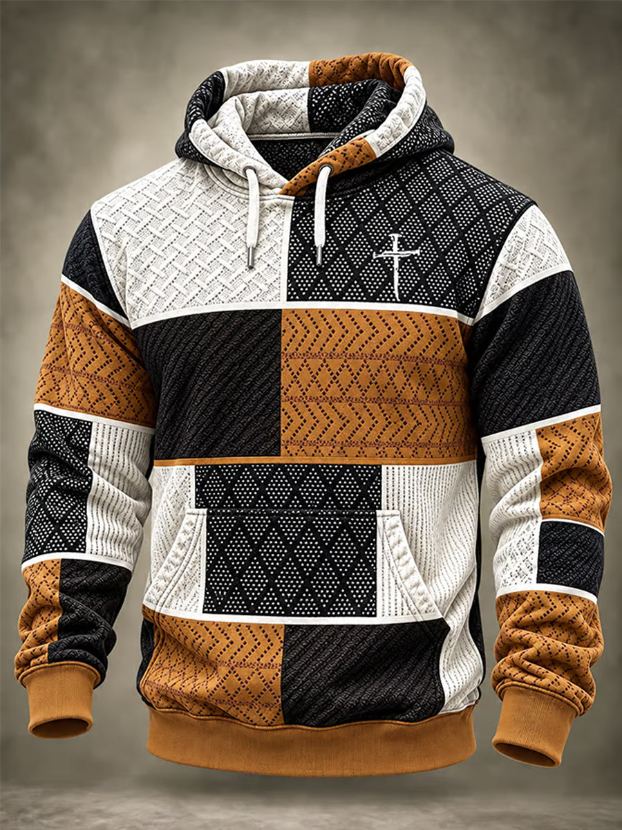 Men's Christian Cross Faith Colorblock Plaid Print Casual Hoodie
