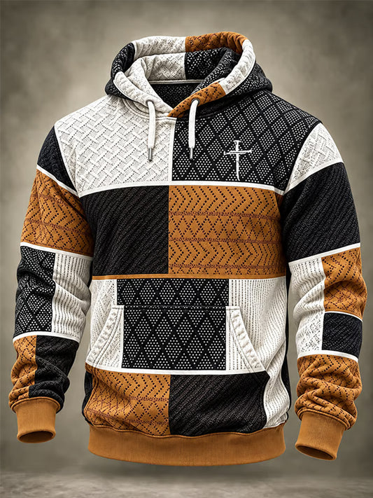 Men's Christian Cross Faith Colorblock Plaid Print Casual Hoodie