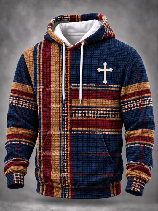 Men's Christian Cross Faith Plaid Print Casual Waffle Hoodie