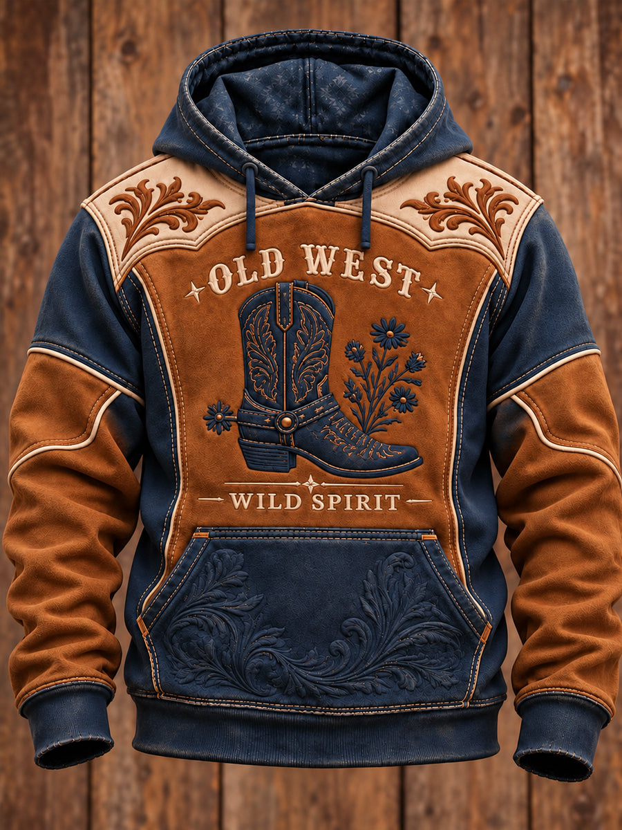Men's Vintage Western Art Printed Oversized Drop-Shoulder Hoodie with Pockets