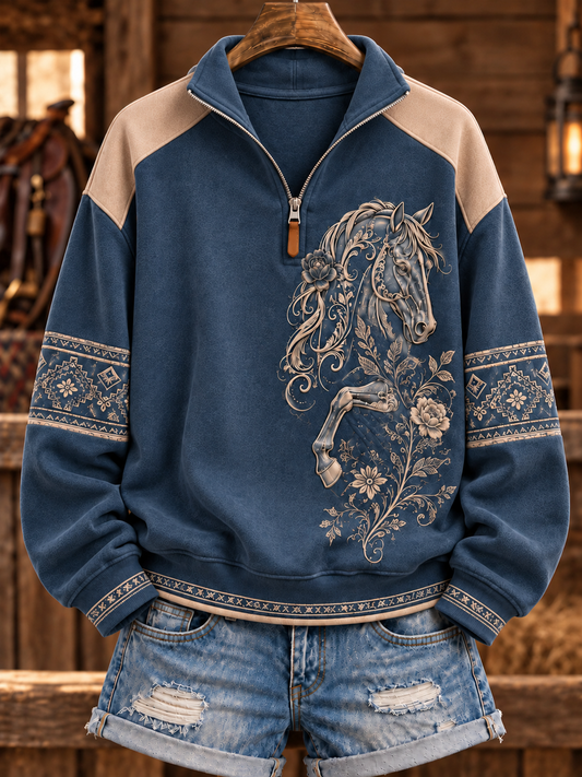 Women's Retro Western Horse Printed Zipper Hoodie