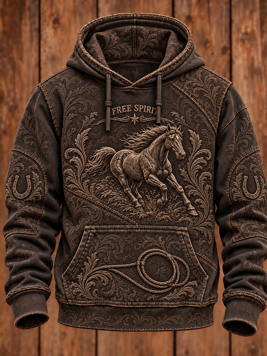 Men's Vintage Western Art Printed Oversized Drop-Shoulder Hoodie with Pockets