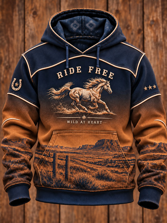 Men's Vintage Western Art Printed Oversized Drop-Shoulder Hoodie with Pockets