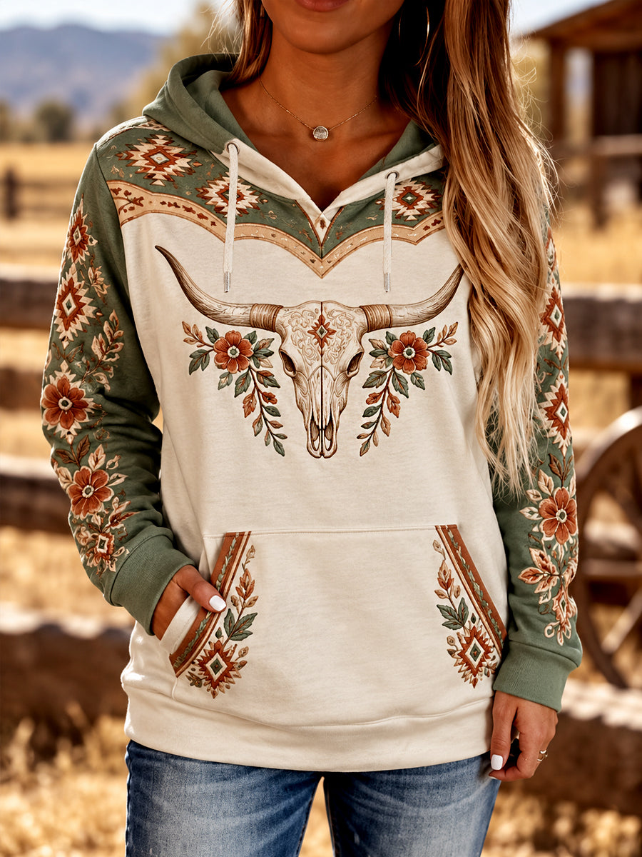 Women's Retro Western Bull Skull Aztec Print Casual Hoodie