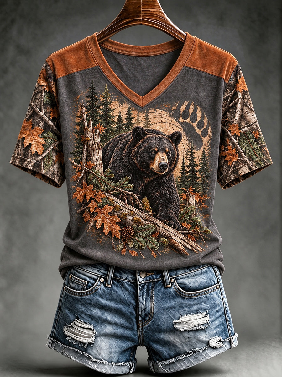 Women's Vintage Hunting Camo Print V-neck T-shirt