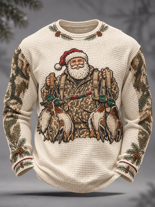 Men's Hunting Season Vintage Christmas Art Printed Waffle Tops