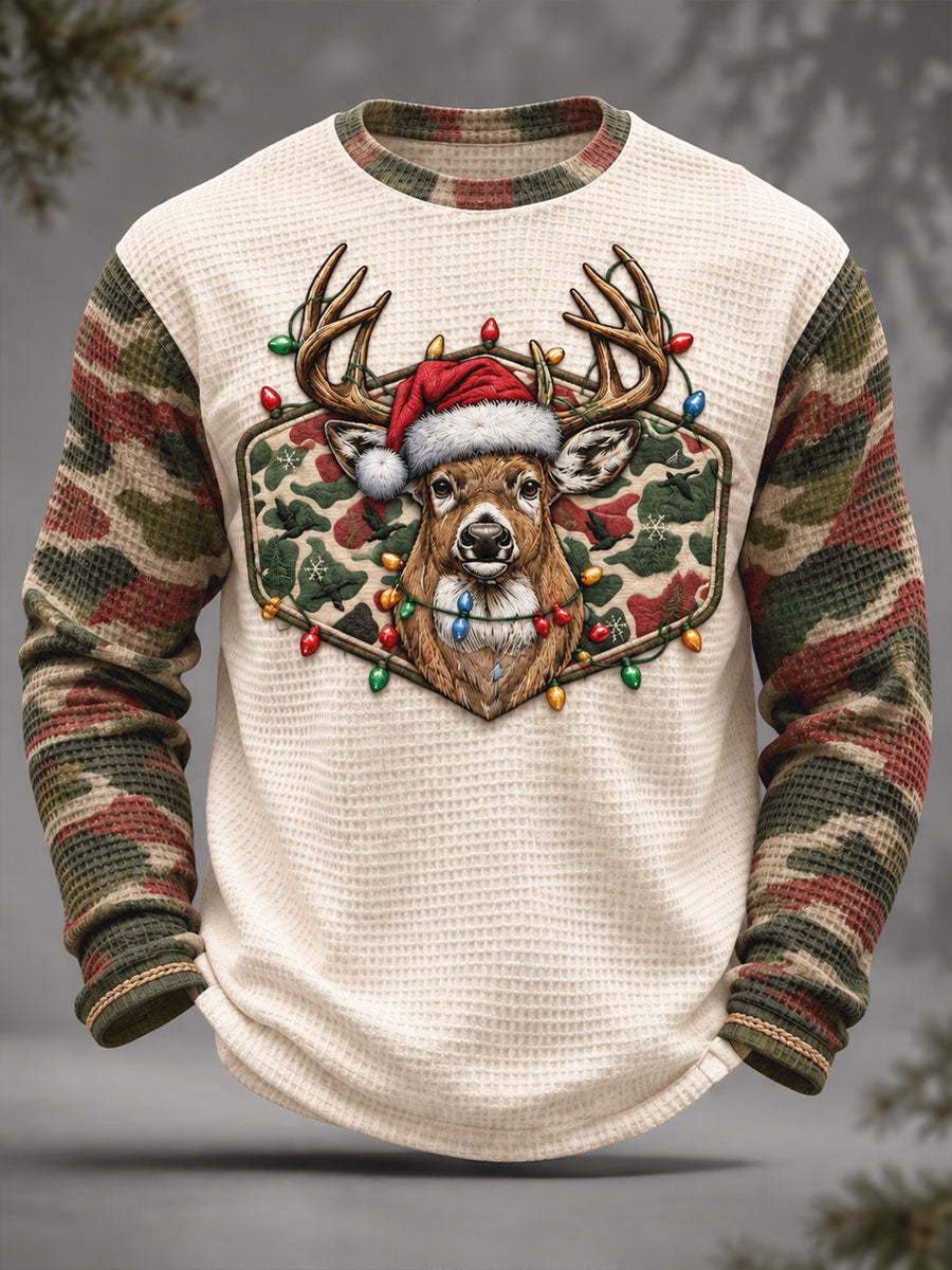 Men's Hunting Season Vintage Christmas Art Printed Waffle Tops