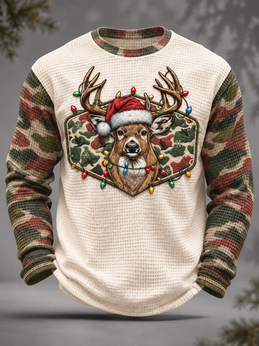 Men's Hunting Season Vintage Christmas Art Printed Waffle Tops