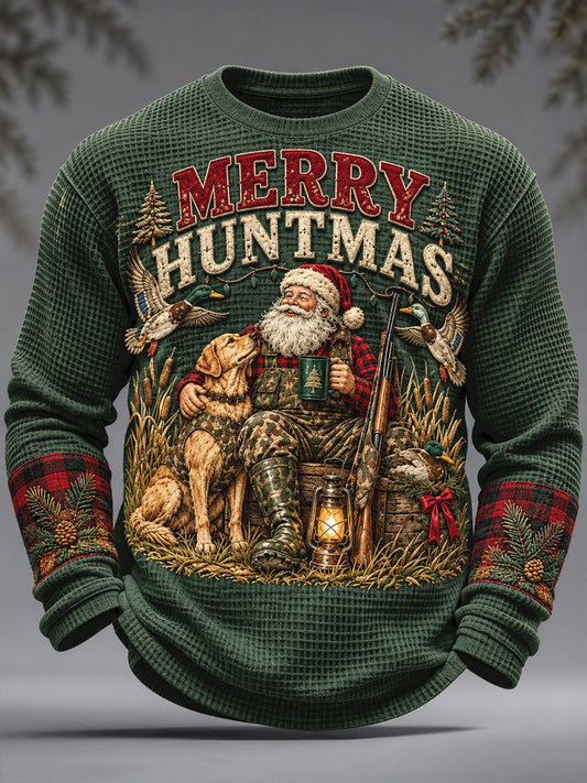 Men's Hunting Season Vintage Christmas Art Printed Waffle Tops