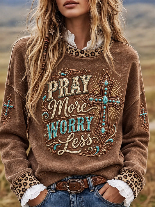 Women's Pray More Worry Less Vintage Turquoise Cross Western Leopard Print Sweatshirt
