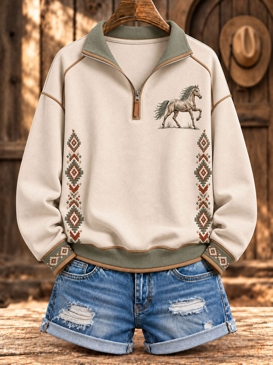 Women's Retro Western Horse Printed Zipper Hoodie
