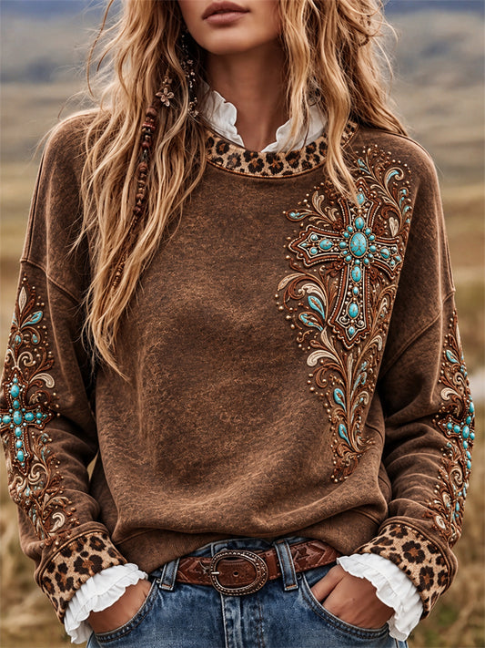 Women's Vintage Turquoise Christian Cross Western Leopard Print Sweatshirt
