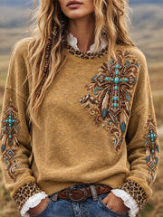 Women's Vintage Turquoise Christian Cross Western Leopard Print Sweatshirt