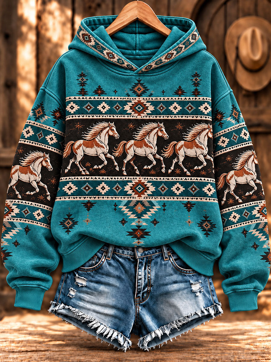 Women's Retro Western Horse Printed Regular Hoodie