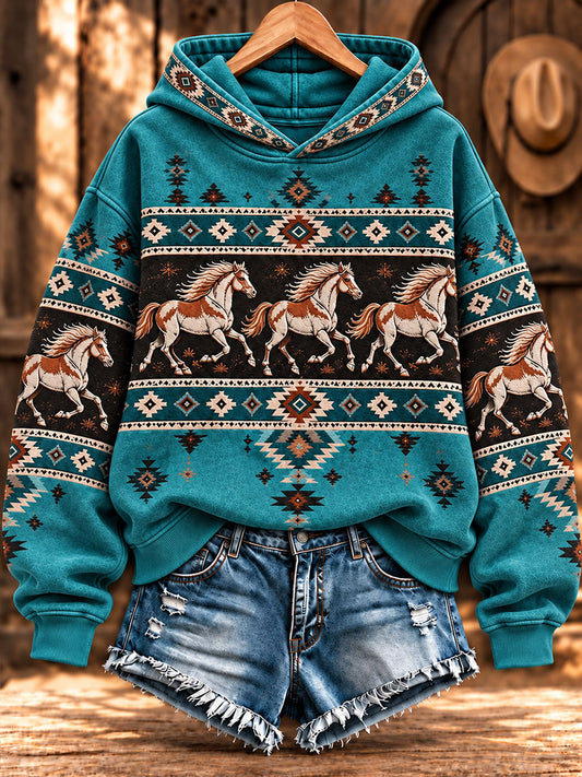 Women's Retro Western Horse Printed Regular Hoodie