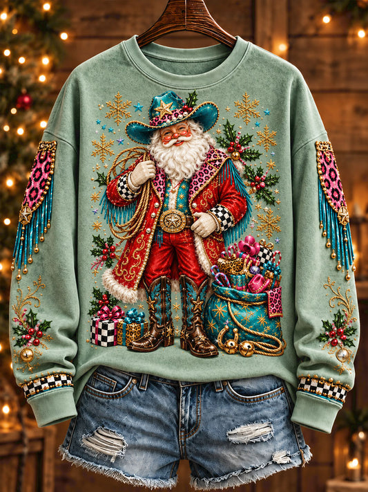 Women's Funny Santa Western Style Christmas Art Printed Sweatshirt