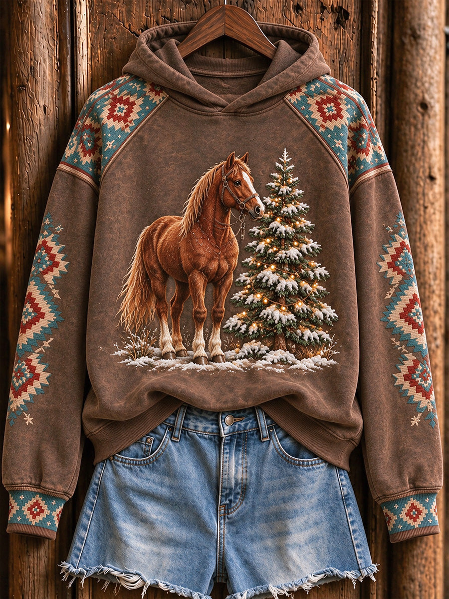 Women's Vintage Western Christmas Horse Print Cozy Hoodie