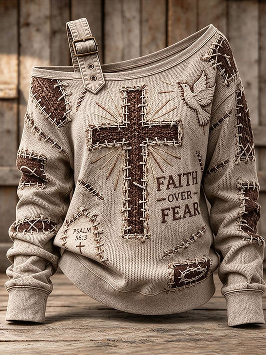 Women's Vintage Cross Print Casual Off-Shoulder Sweatshirt