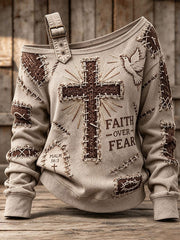 Women's Vintage Cross Print Casual Off-Shoulder Sweatshirt