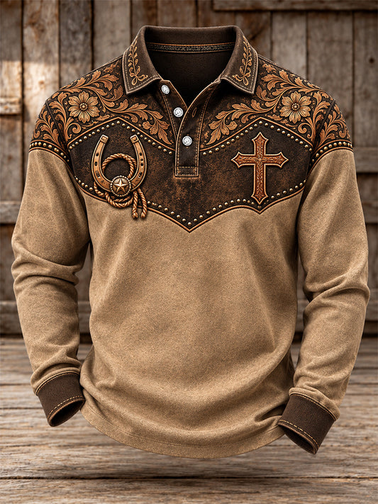 Men's Western Christian Cross Print Long Sleeve Polo