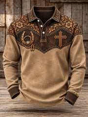Men's Western Christian Cross Print Long Sleeve Polo