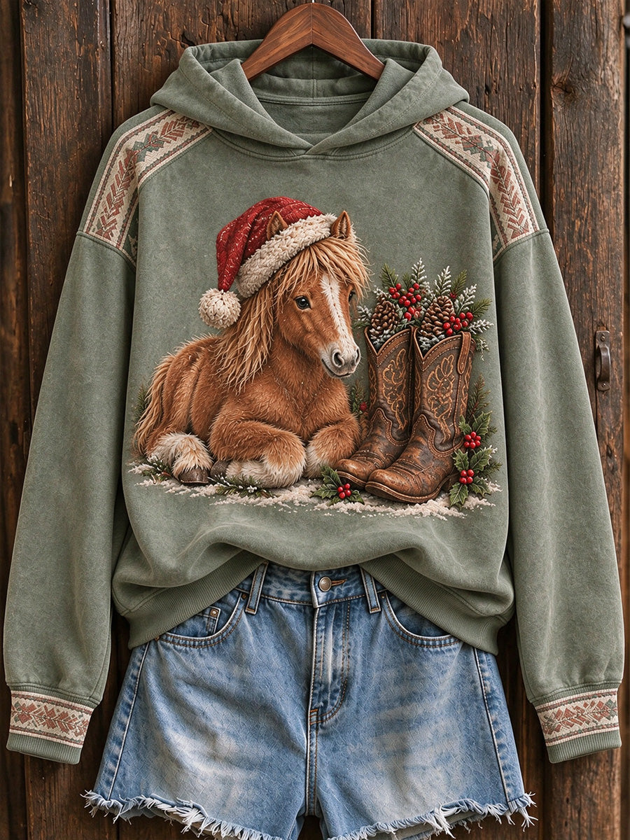 Women's Vintage Western Christmas Horse Print Cozy Hoodie