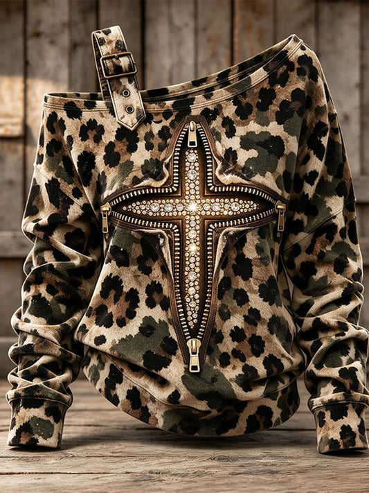Women's Vintage Cross Print Casual Off-Shoulder Sweatshirt