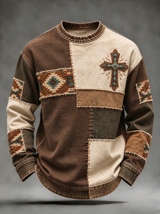 Men's Vintage Western Patchwork Cross Print Sweatshirt