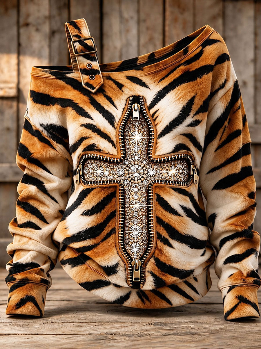 Women's Vintage Cross Print Casual Off-Shoulder Sweatshirt