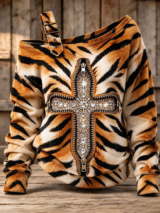 Women's Vintage Cross Print Casual Off-Shoulder Sweatshirt