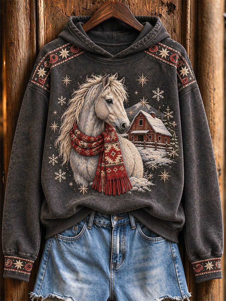 Women's Vintage Western Christmas Horse Print Cozy Hoodie