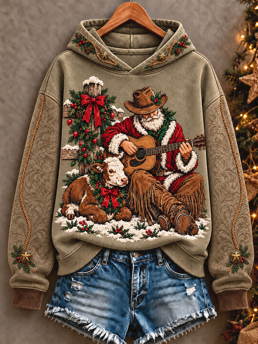 Women's Funny Santa Western Style Christmas Art Printed Hoodie