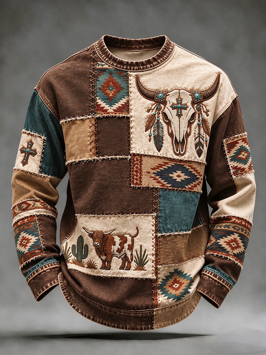 Men's Vintage Western Patchwork Bull Skull Cross Print Sweatshirt