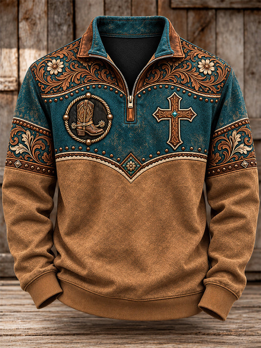 Men's Western Christian Cross Print Zip-Up Hoodie