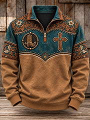 Men's Western Christian Cross Print Zip-Up Hoodie