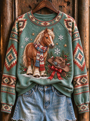 Women's Vintage Western Christmas Horse Print Raglan Sleeve Sweatshirt