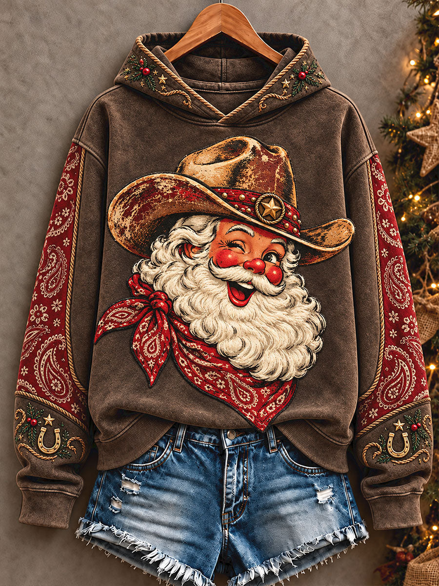 Women's Funny Santa Western Style Christmas Art Printed Hoodie