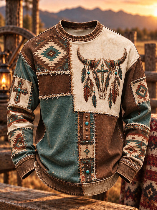 Men's Vintage Western Patchwork Bull Skull Cross Print Sweatshirt