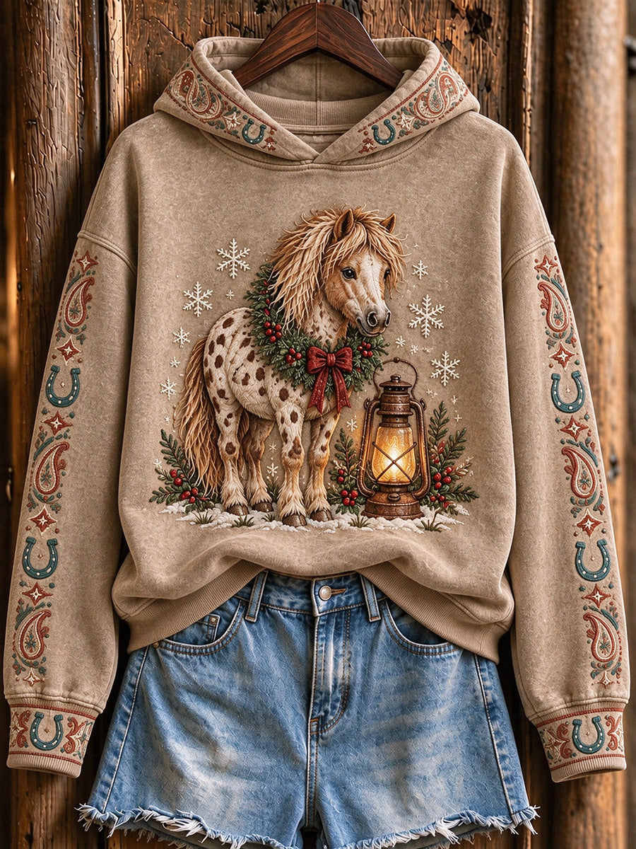 Women's Vintage Western Christmas Horse Print Cozy Hoodie